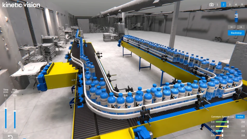 Phase 3 of the Industrial Digitalization process: an image of a three-dimensional laboratory polygon mesh model created using mobile scanning is presented, showing a plastic bottle 3D conveying system simulation with real-time process controls.