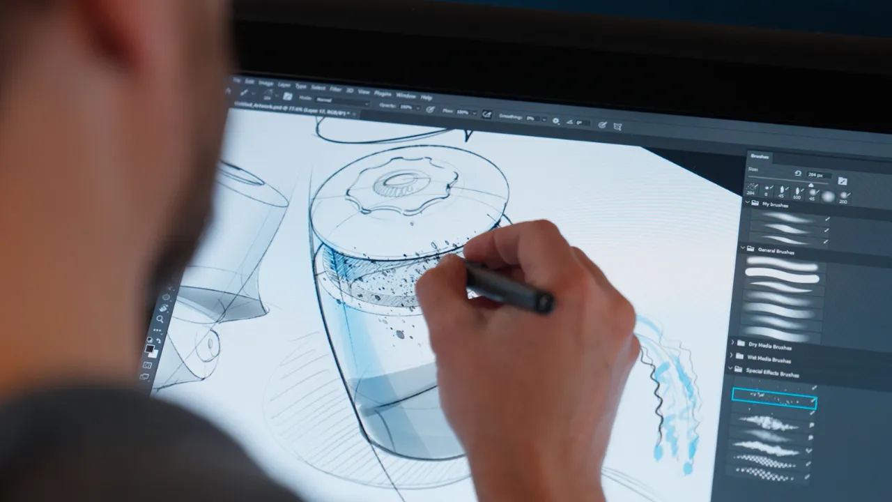 An industrial designer sketching concepts of the pure spout filter onto a digital tablet.