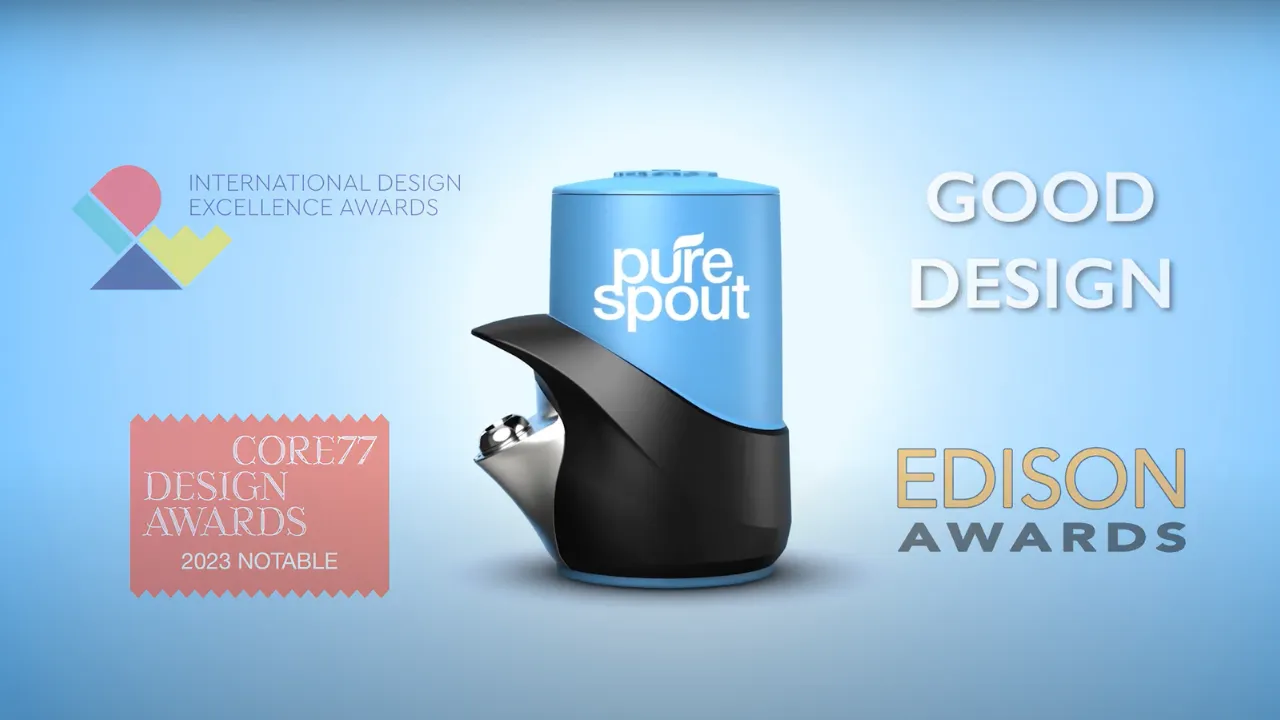 A graphic showing a rendering of the pure spout filter surrounded by logos of international design awards won by the development company Kinetic Vision.