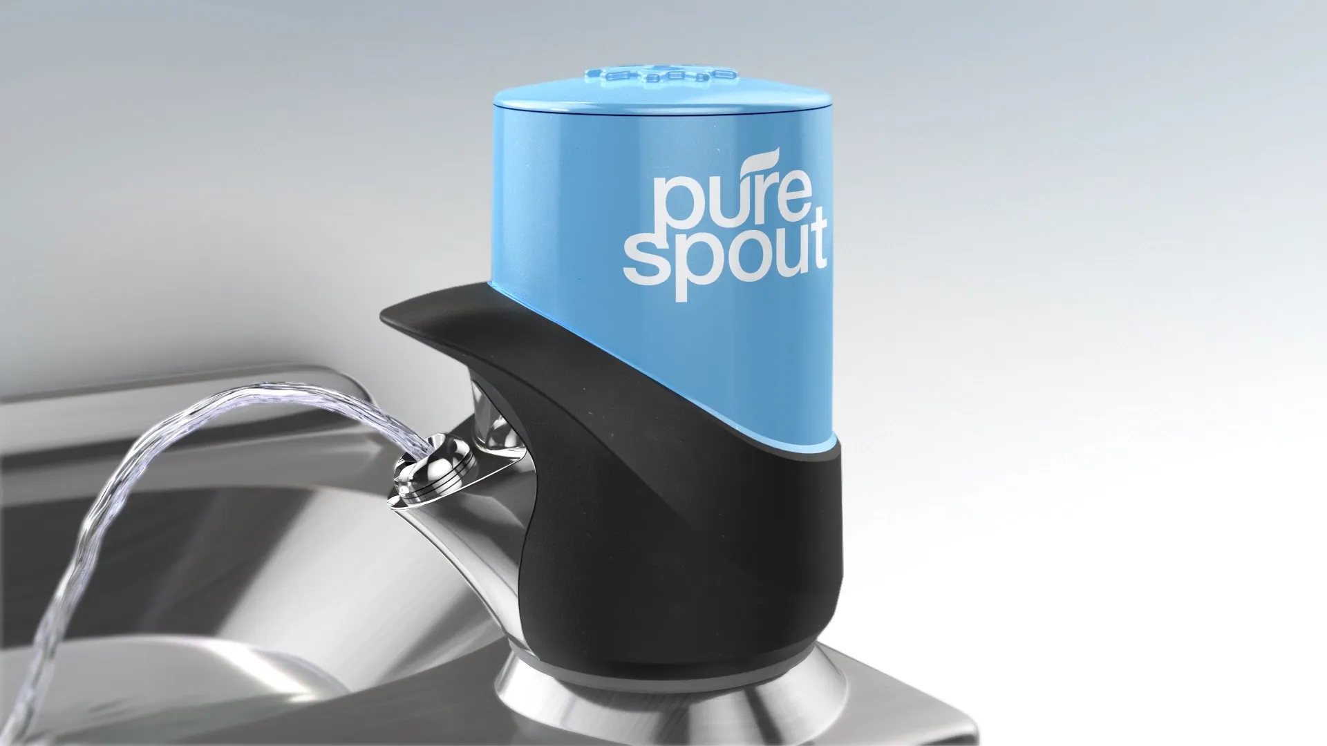 A photorealistic computer rendering of the Pure Spout Filter as installed on drinking fountain, with a drinking water stream shown.